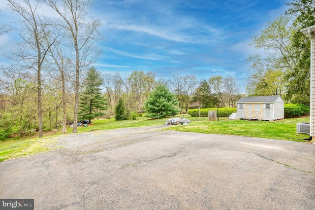 view of yard with central AC, an outdoor structure, and a shed