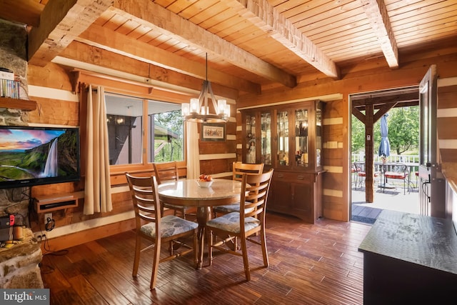 dining space with wooden ceiling, beam ceiling, and hardwood / wood-style floors