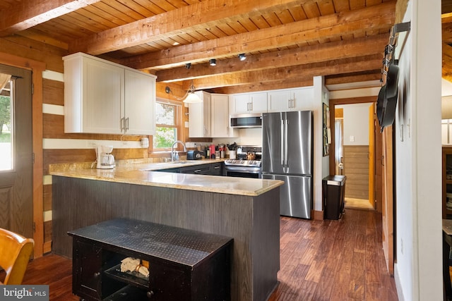 kitchen with a peninsula, dark wood-type flooring, light countertops, wood ceiling, and appliances with stainless steel finishes