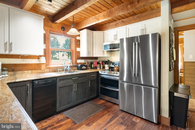 kitchen featuring white cabinets, a sink, stainless steel appliances, wooden ceiling, and dark wood-type flooring