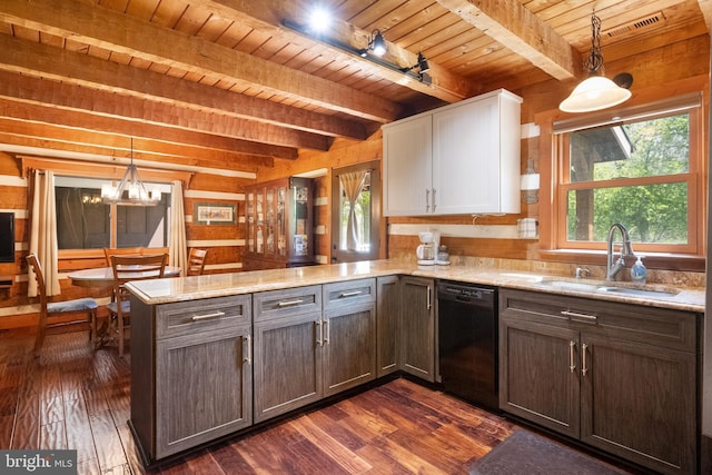 kitchen featuring dark wood-style flooring, a peninsula, black dishwasher, wood ceiling, and a sink