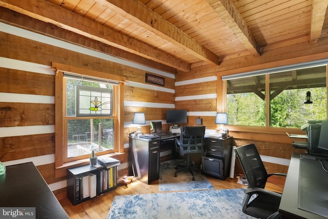 office area featuring wooden walls, wooden ceiling, light wood-type flooring, and beam ceiling