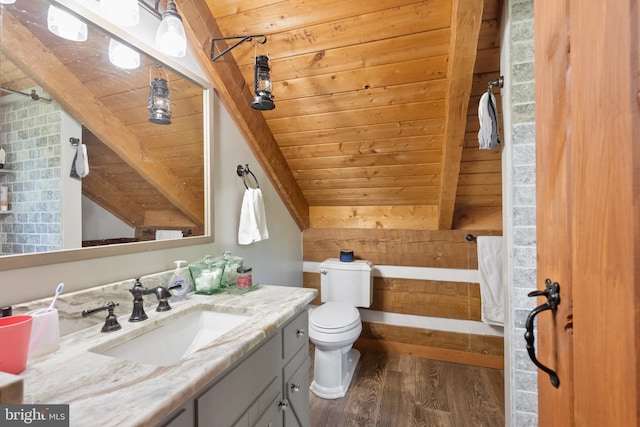 bathroom with toilet, wooden ceiling, wood finished floors, and vanity