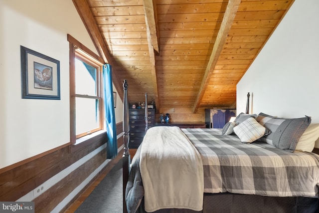 bedroom with wood walls, lofted ceiling with beams, wood ceiling, and wood finished floors