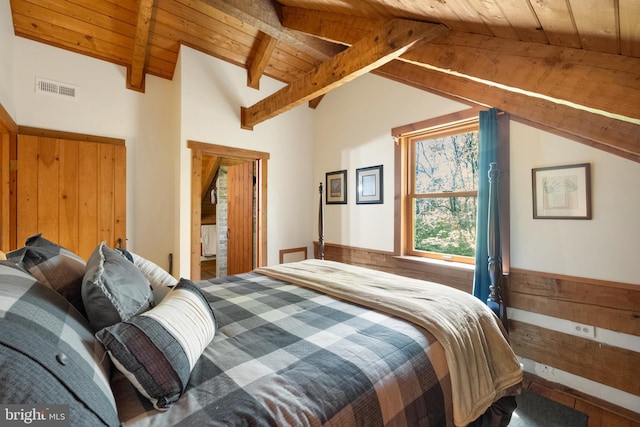 bedroom with visible vents, wainscoting, wooden walls, wood ceiling, and lofted ceiling with beams