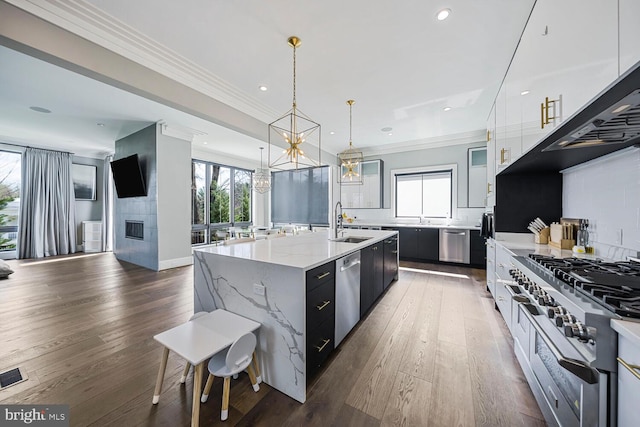 1109 Towlston Rd, Mclean, VA 22102 - kitchen with ornamental molding, a fireplace, a large island with sink, a sink, and dishwasher