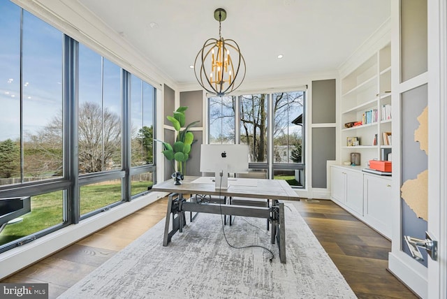1109 Towlston Rd, Mclean, VA 22102 - office space with an inviting chandelier, ornamental molding, dark wood finished floors, and built in shelves