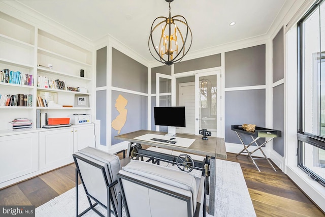 1109 Towlston Rd, Mclean, VA 22102 - office with a notable chandelier, built in features, french doors, ornamental molding, and dark wood-style floors