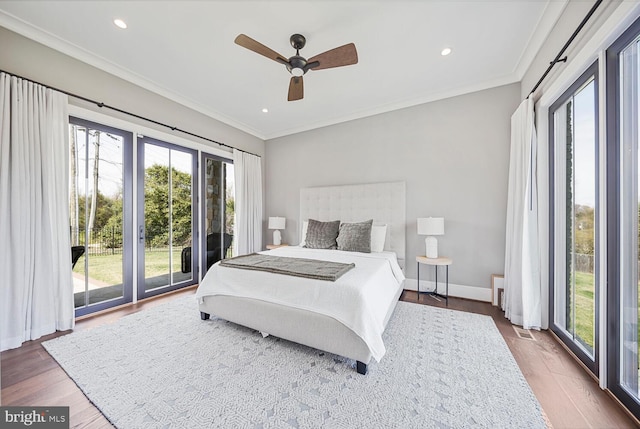 1109 Towlston Rd, Mclean, VA 22102 - bedroom with ornamental molding, wood finished floors, ceiling fan, access to outside, and recessed lighting