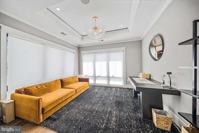 1109 Towlston Rd, Mclean, VA 22102 - living area featuring visible vents, crown molding, recessed lighting, a raised ceiling, and a chandelier