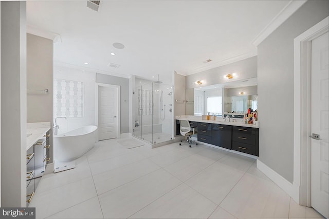 1109 Towlston Rd, Mclean, VA 22102 - full bathroom with crown molding, visible vents, vanity, a soaking tub, and a stall shower