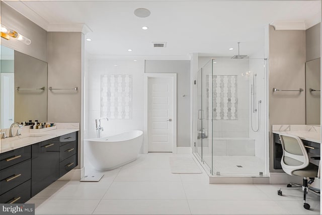 1109 Towlston Rd, Mclean, VA 22102 - full bathroom with vanity, crown molding, a freestanding tub, tile patterned flooring, and a shower stall