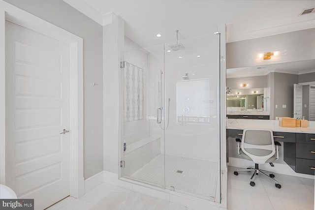 1109 Towlston Rd, Mclean, VA 22102 - bathroom with visible vents, crown molding, a stall shower, vanity, and recessed lighting