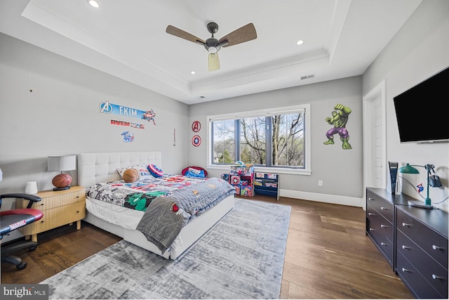 1109 Towlston Rd, Mclean, VA 22102 - bedroom featuring a raised ceiling, baseboards, recessed lighting, and dark wood-type flooring