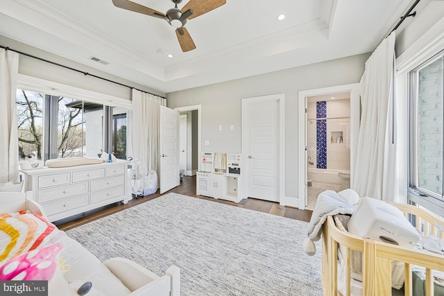 1109 Towlston Rd, Mclean, VA 22102 - bedroom with visible vents, recessed lighting, a raised ceiling, and dark wood-type flooring