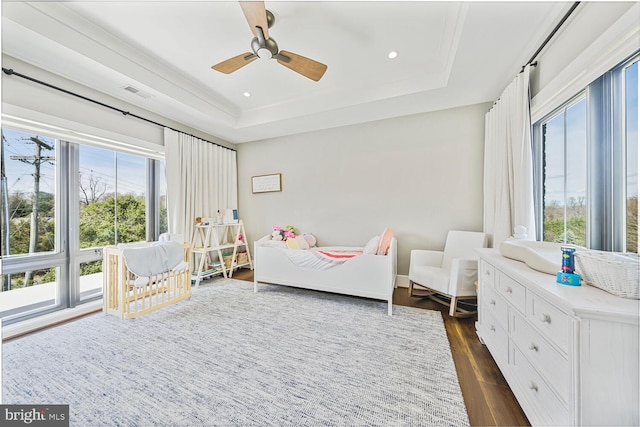 1109 Towlston Rd, Mclean, VA 22102 - bedroom featuring recessed lighting, a tray ceiling, visible vents, and dark wood finished floors
