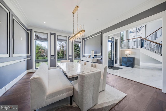 1109 Towlston Rd, Mclean, VA 22102 - dining space with baseboards, ornamental molding, stairs, and a wealth of natural light