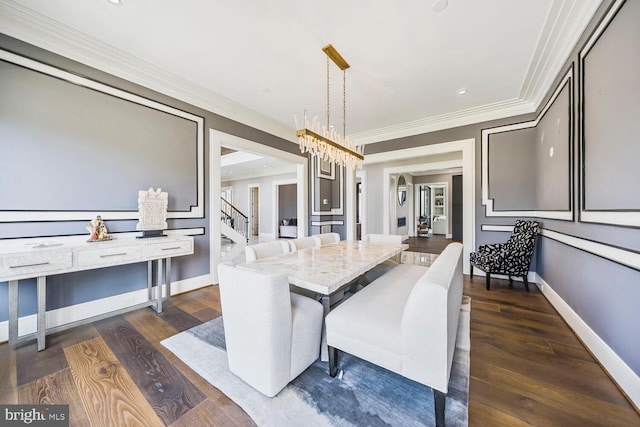 1109 Towlston Rd, Mclean, VA 22102 - dining space with crown molding, stairway, baseboards, dark wood-style floors, and a notable chandelier