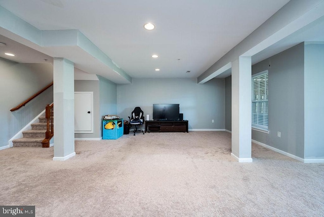 62 Brookview Ln, Pottstown, PA 19464 - finished basement featuring carpet floors, stairway, recessed lighting, and an office area