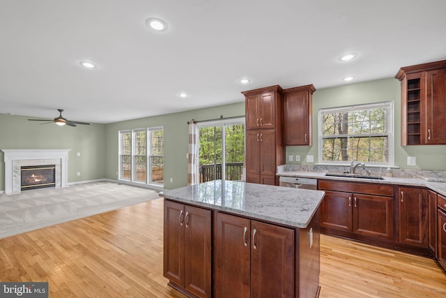 kitchen featuring ceiling fan, plenty of natural light, stainless steel dishwasher, a sink, and light wood-style flooring