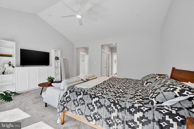 bedroom featuring carpet floors, ceiling fan, high vaulted ceiling, and connected bathroom