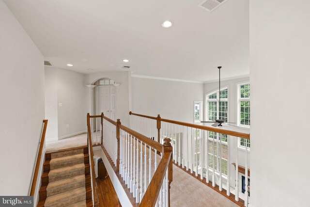18547 Kerill Rd, Triangle, VA 22172 - staircase with recessed lighting, ceiling fan, crown molding, wood finished floors, and baseboards