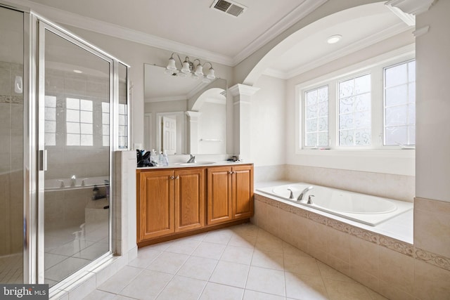 18547 Kerill Rd, Triangle, VA 22172 - full bath featuring a bath, decorative columns, tile patterned floors, double vanity, and crown molding