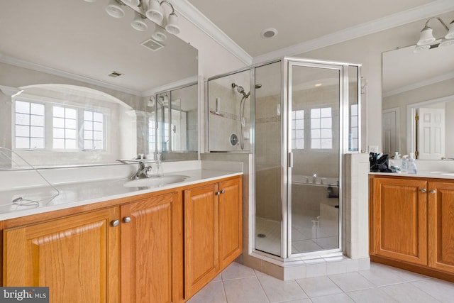 18547 Kerill Rd, Triangle, VA 22172 - bathroom with a shower stall, tile patterned floors, ornamental molding, and vanity