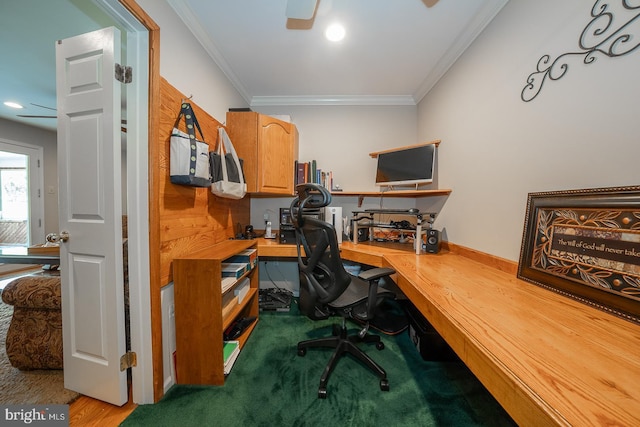 home office featuring ornamental molding, a ceiling fan, and recessed lighting