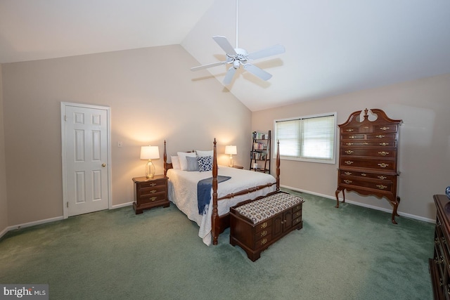 bedroom featuring baseboards, ceiling fan, carpet flooring, and lofted ceiling