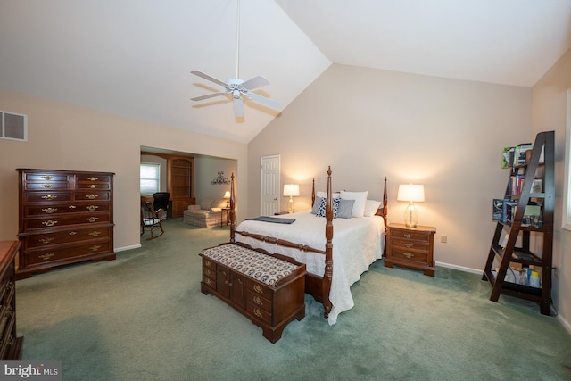 carpeted bedroom featuring baseboards, a ceiling fan, vaulted ceiling, and visible vents