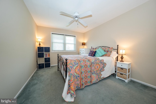 bedroom with carpet floors, a ceiling fan, and baseboards