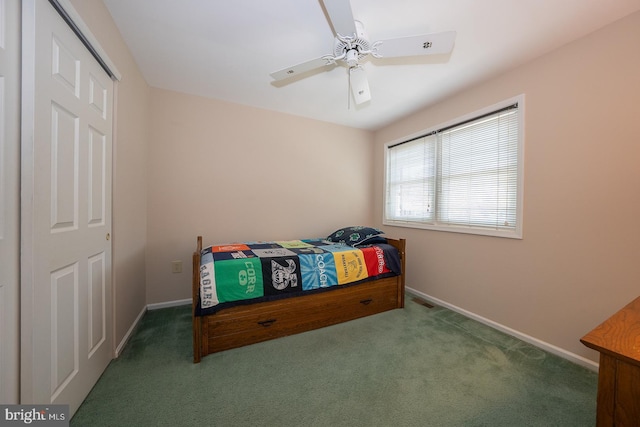 bedroom featuring baseboards, carpet flooring, and ceiling fan