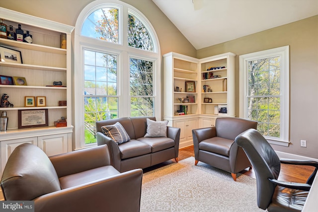 living area with vaulted ceiling, wood finished floors, and a healthy amount of sunlight