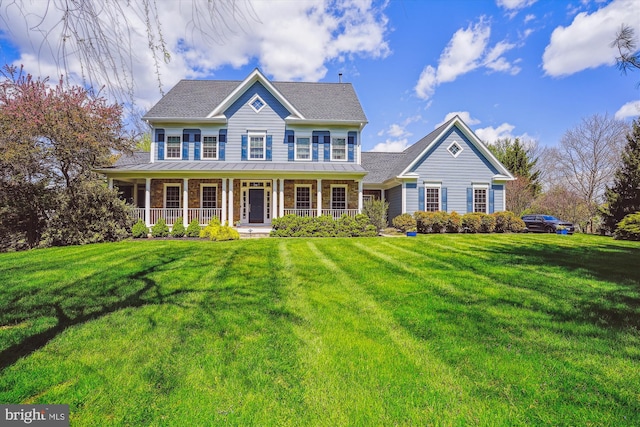 colonial home with a front yard and covered porch