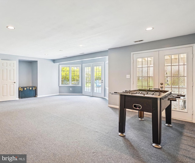 game room featuring recessed lighting, carpet, baseboards, and french doors