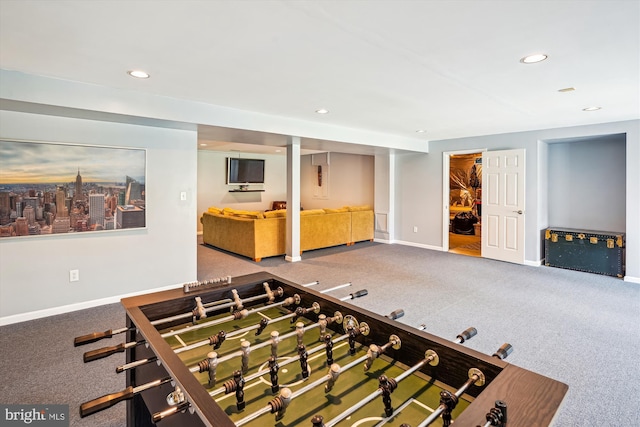 rec room featuring baseboards, carpet flooring, and recessed lighting
