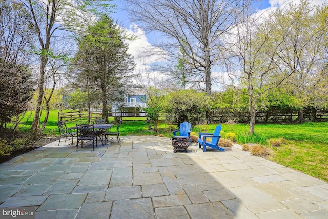 view of patio / terrace featuring a fire pit, fence, and outdoor dining space