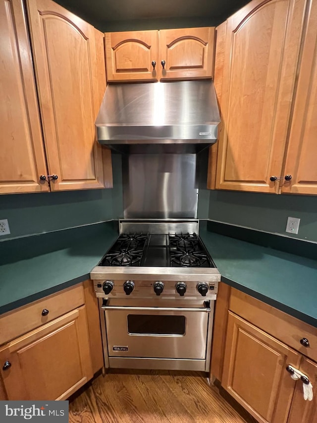 122 Lahinch Ct, Middletown, DE 19709 - kitchen featuring designer stove, wall chimney range hood, dark countertops, and wood finished floors