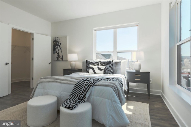 bedroom with a spacious closet, wood finished floors, and baseboards