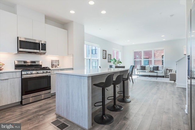 kitchen featuring a center island, appliances with stainless steel finishes, wood finished floors, and modern cabinets