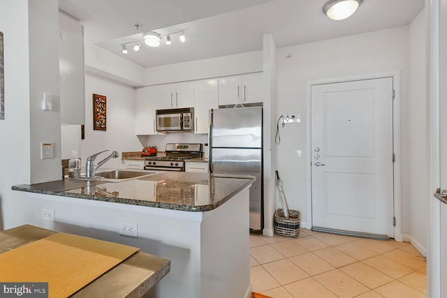 1021 N Garfield St Unit 831, Arlington, VA 22201 - kitchen featuring a sink, white cabinetry, appliances with stainless steel finishes, a peninsula, and light tile patterned floors