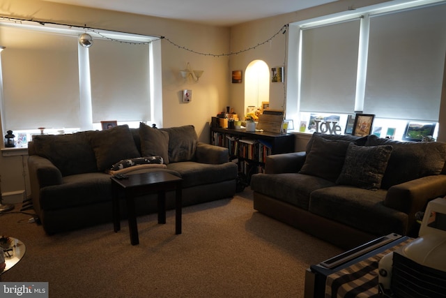 carpeted living area featuring arched walkways