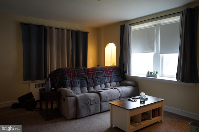 living area featuring radiator and baseboards