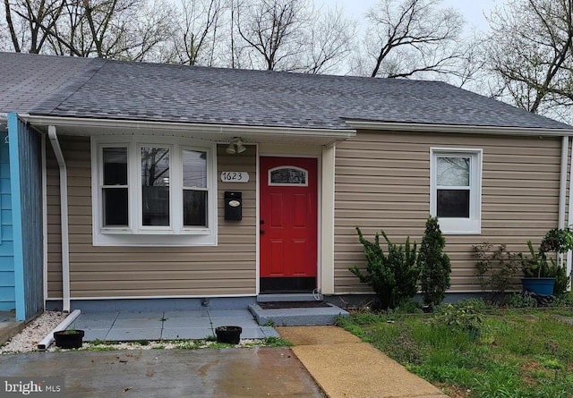 view of exterior entry featuring a shingled roof