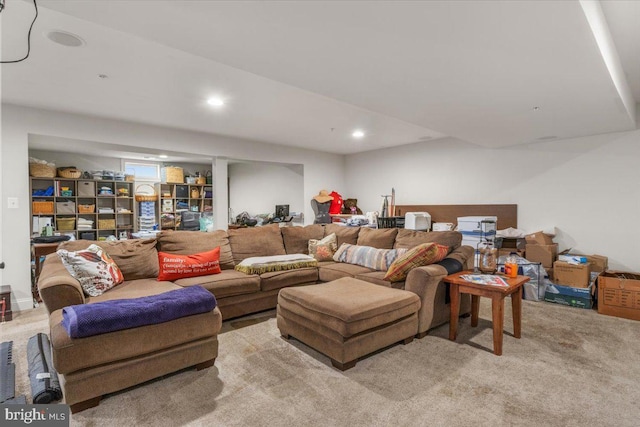 living area with carpet flooring and recessed lighting