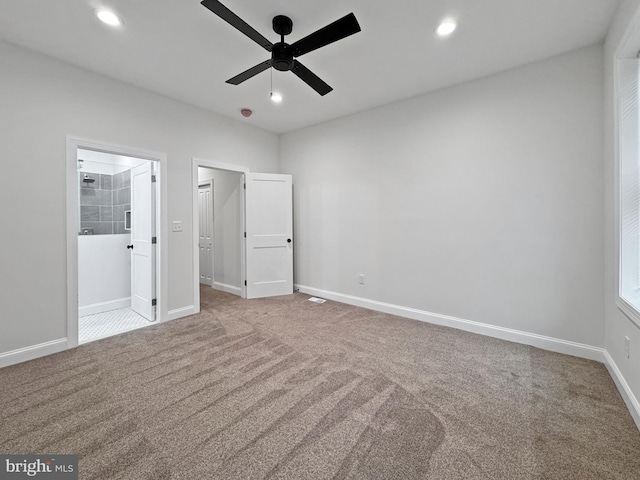 unfurnished bedroom featuring baseboards, a ceiling fan, carpet, and recessed lighting