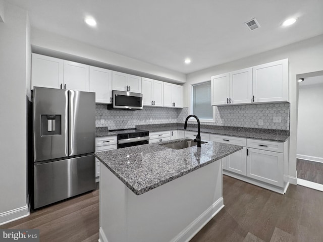 kitchen featuring white cabinetry, visible vents, dark wood finished floors, stainless steel appliances, and a sink