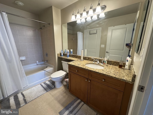 bathroom featuring tile patterned floors, toilet, shower / tub combo, and vanity