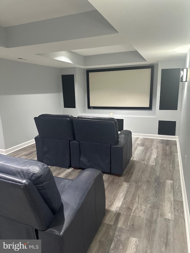 home theater with baseboards, a raised ceiling, and wood finished floors